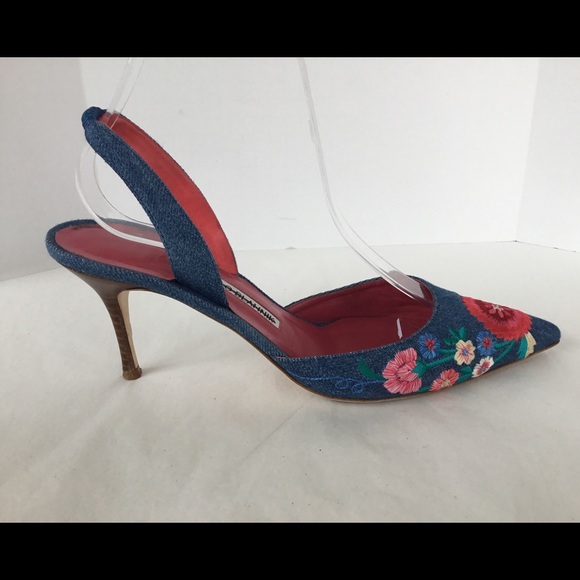 MANOLO BLAHNIK FLORAL EMBROIDERED DENIM SLINGBACKS - Picture 6 of 8